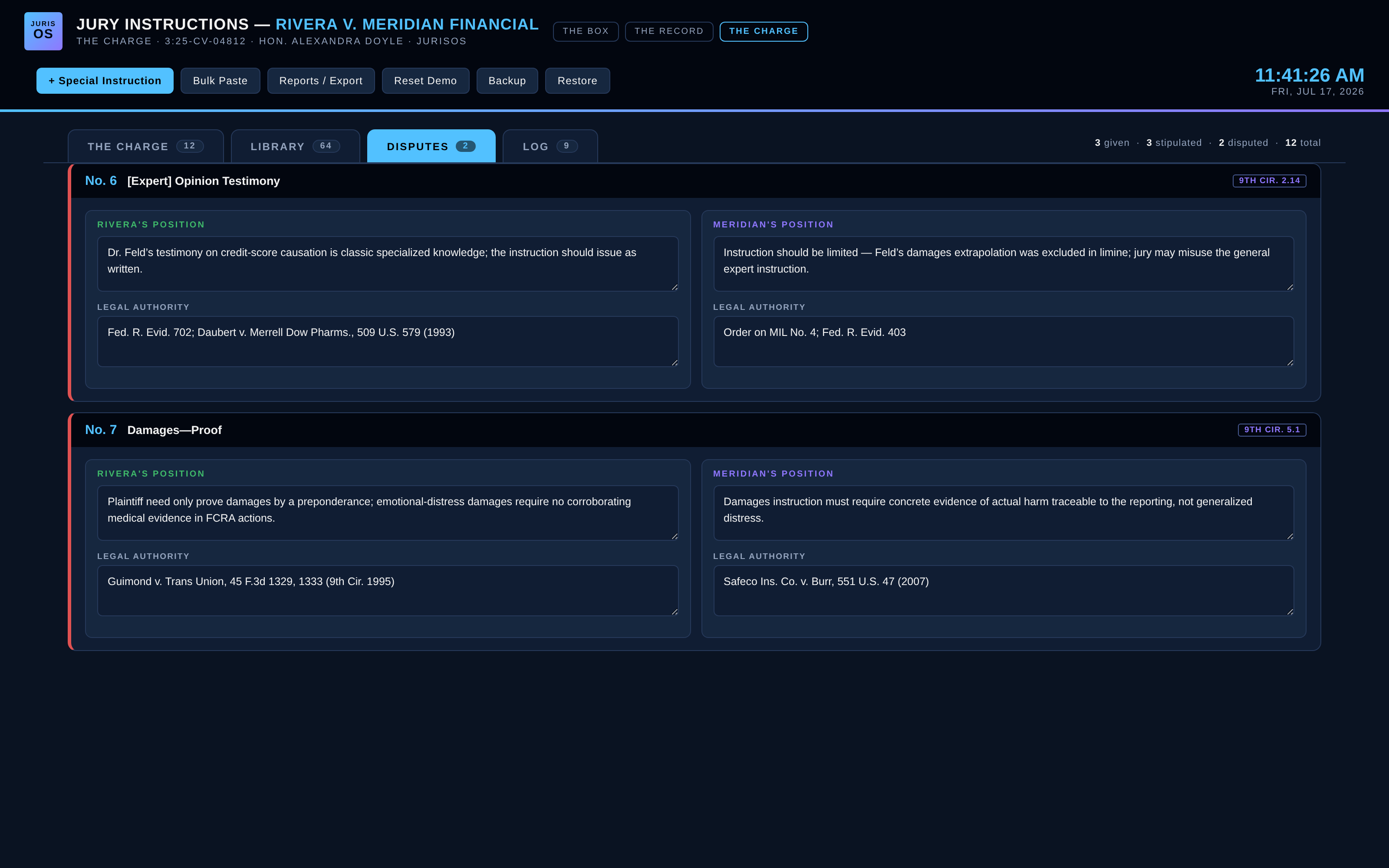 The Charge disputes tab — each party's position and legal authority for every disputed instruction