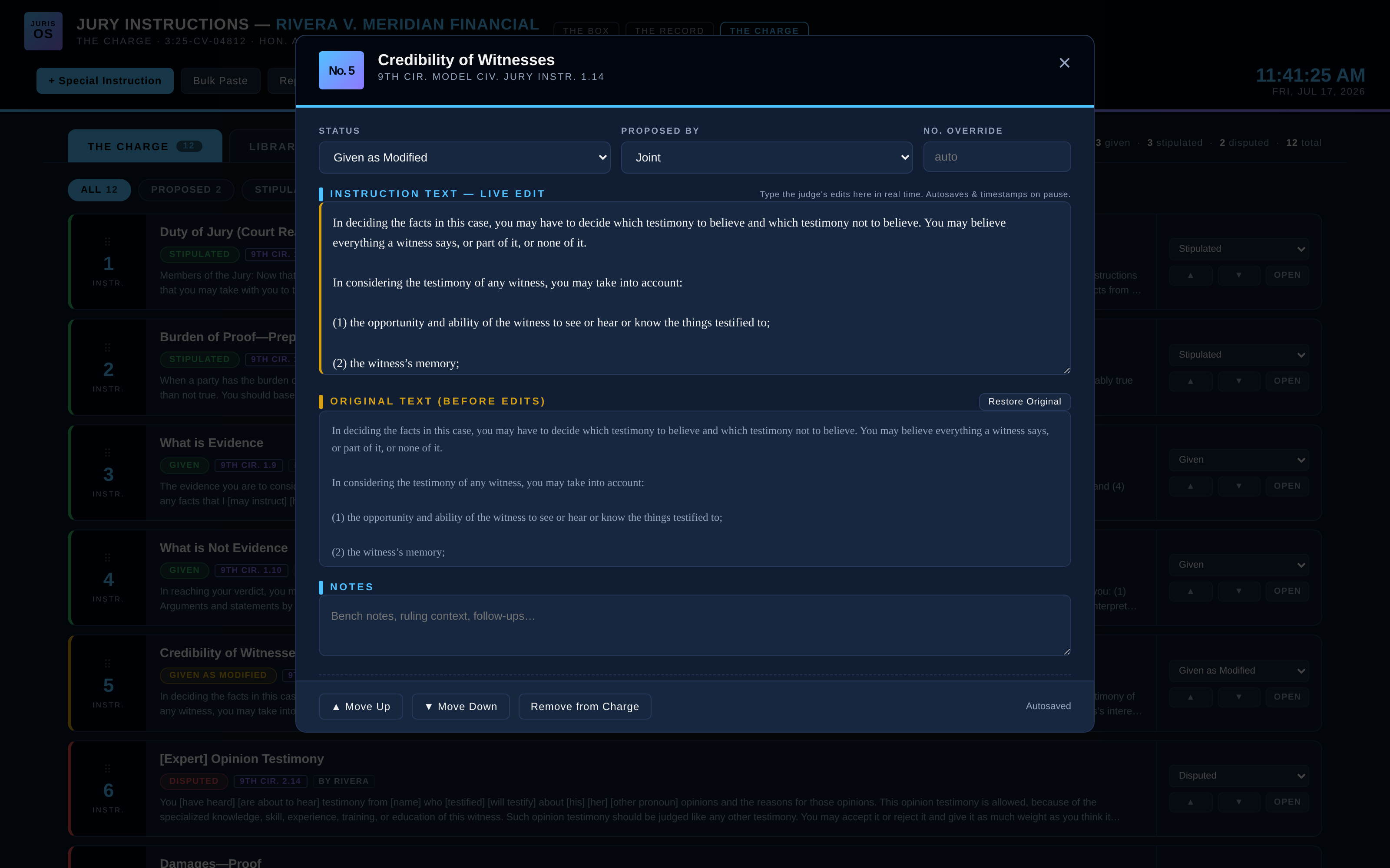 The Charge instruction detail — live judge-edit field with original text preserved below