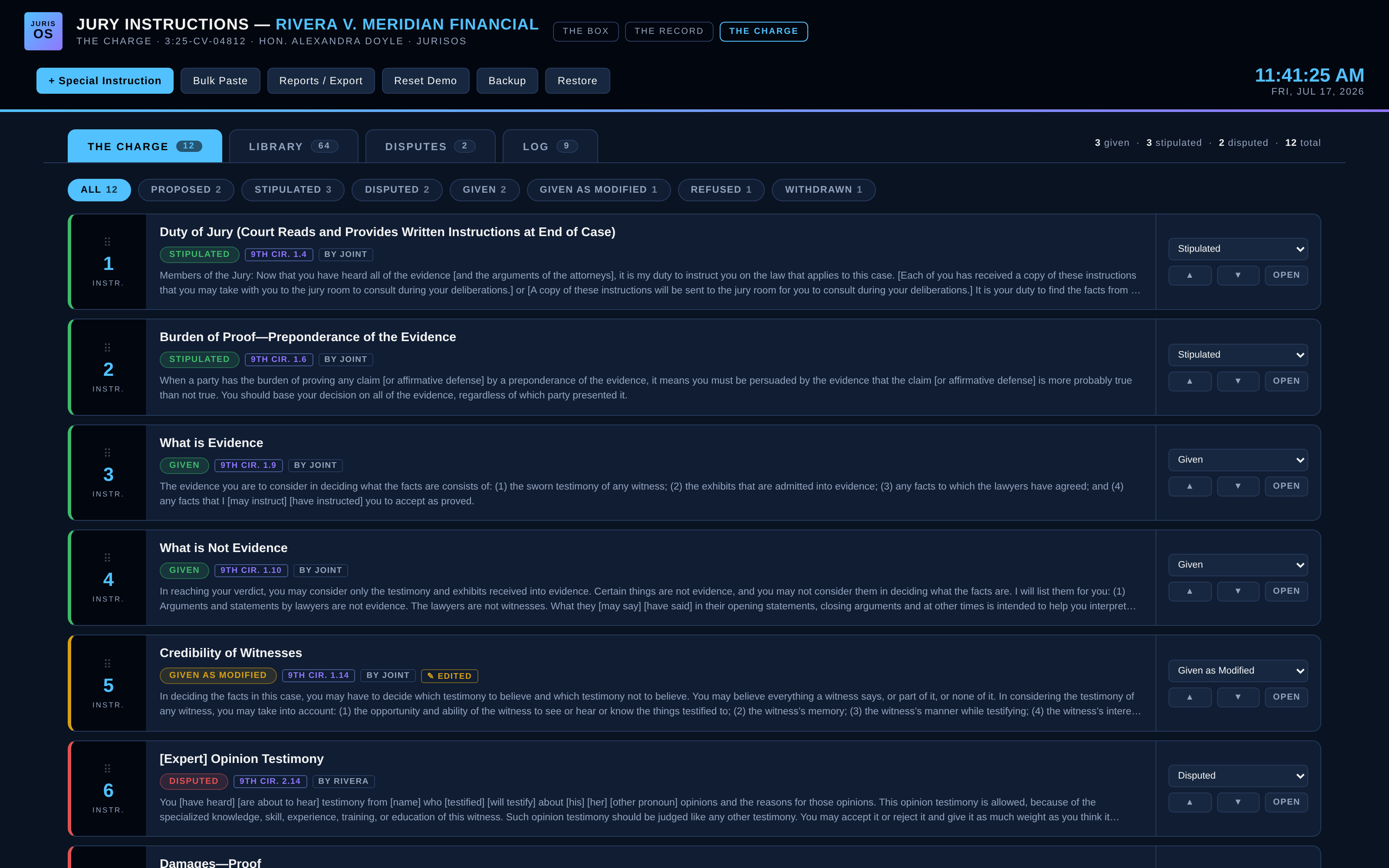 The Charge — jury instruction set with live statuses, 9th Circuit citations, and status filters