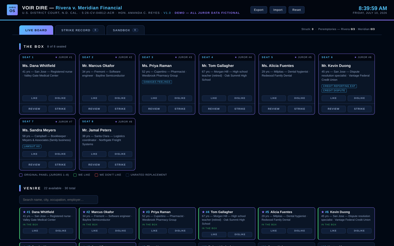 JurisOS Questionnaire Mode — federal court demo, 8-seat jury box with juror cards