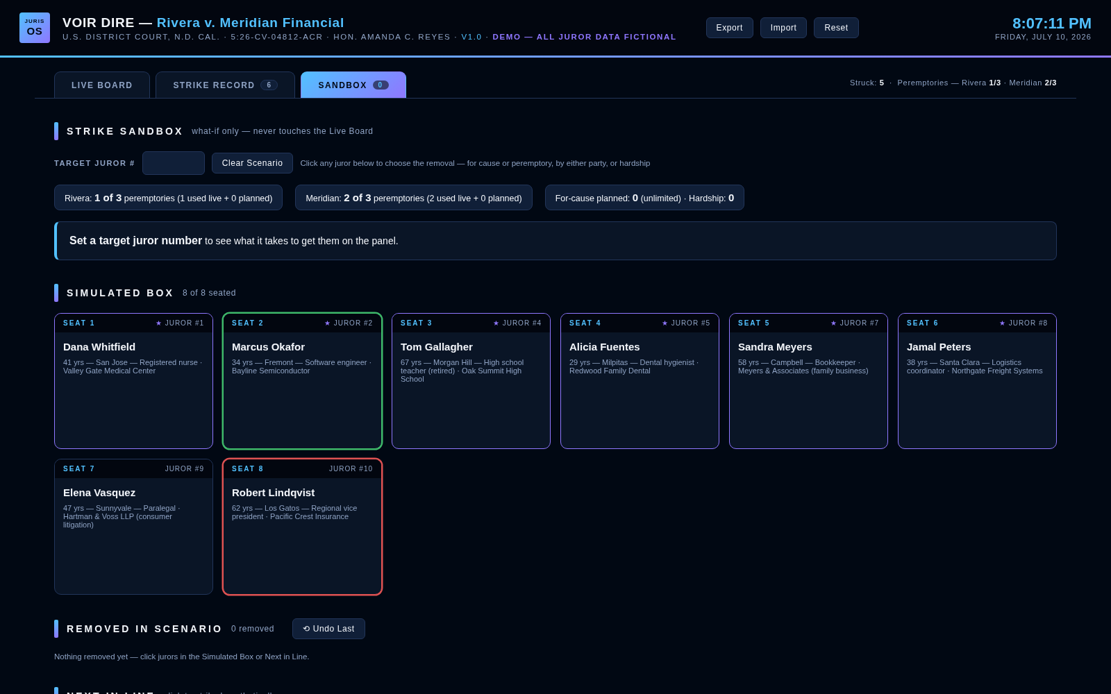 JurisOS strike sandbox — simulated jury box for testing strike scenarios without touching the live board