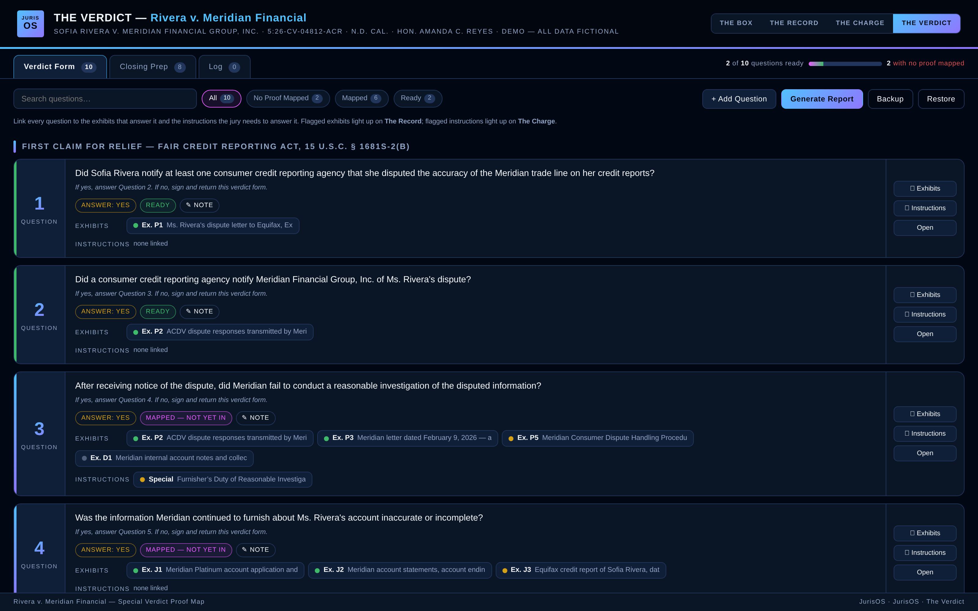 The Verdict — special verdict questions with coverage tiers, linked exhibits, and linked instructions