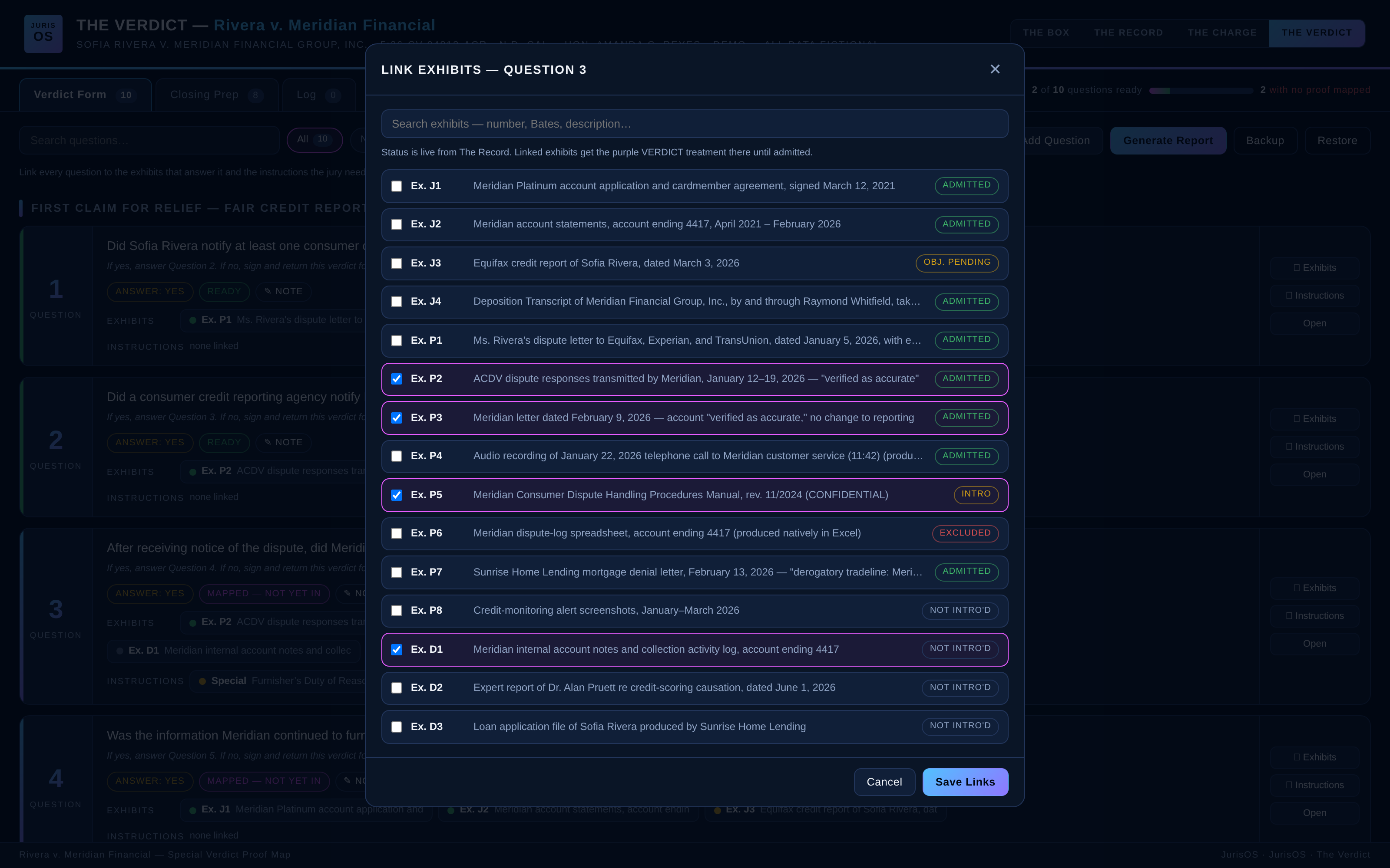 The Verdict exhibit picker — link exhibits to a verdict question with live admitted/pending/excluded statuses